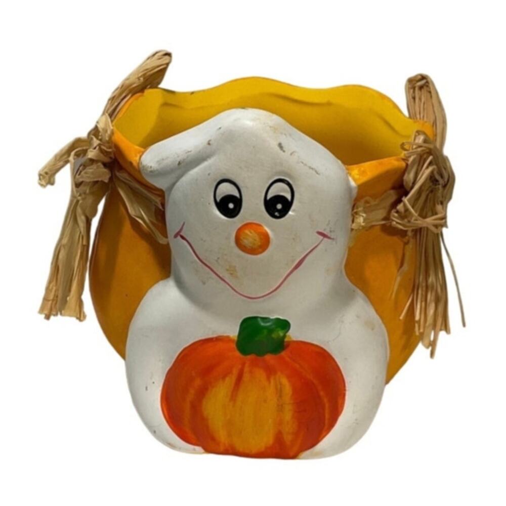 Ceramic Ghost & Pumpkin Planter, Feed Sack Style, 2.5x3" - Very Good Condition